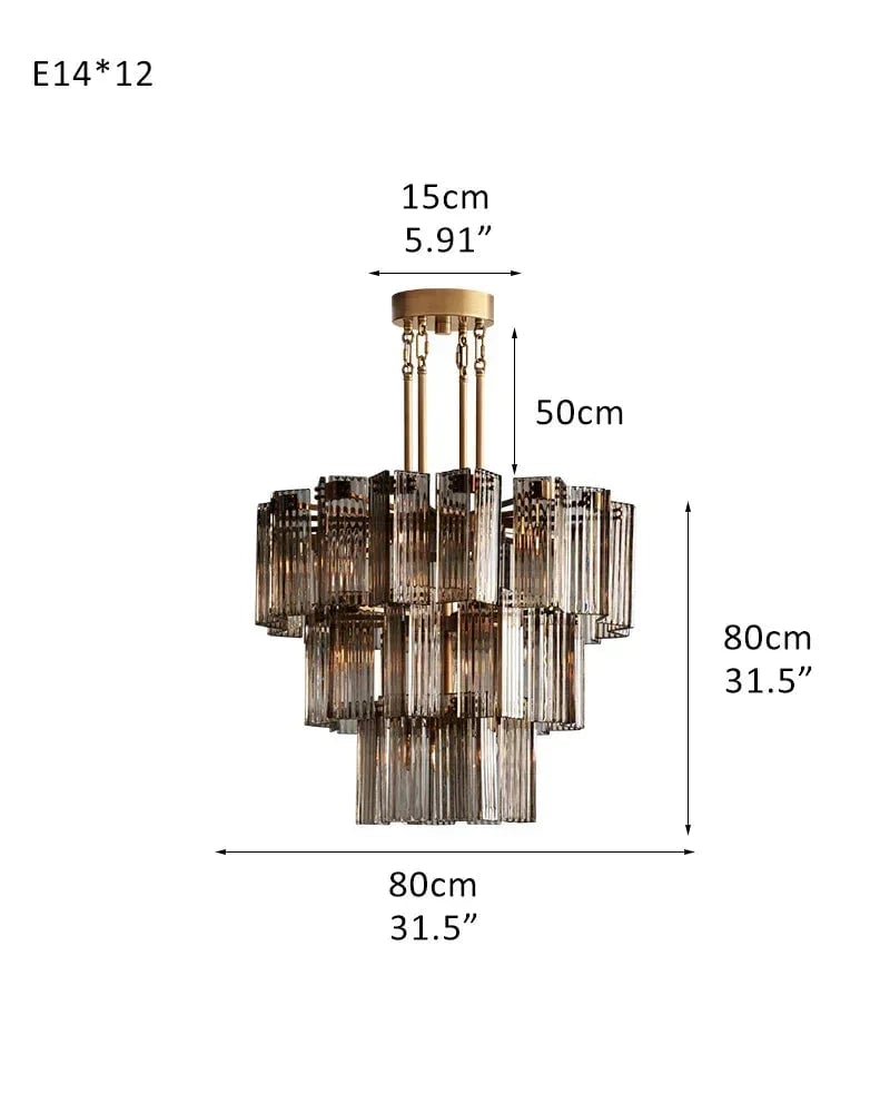 Saint-Cirq Series Geometric Chandelier | 5-Tier Round Hand-Arranged Reeded Smoky Glass and Steel, Premium Brass for Grand Entryways and Dining Rooms 3-Tier-L80CM L31.5" Gold Frame + Smoke Glass American chandelier