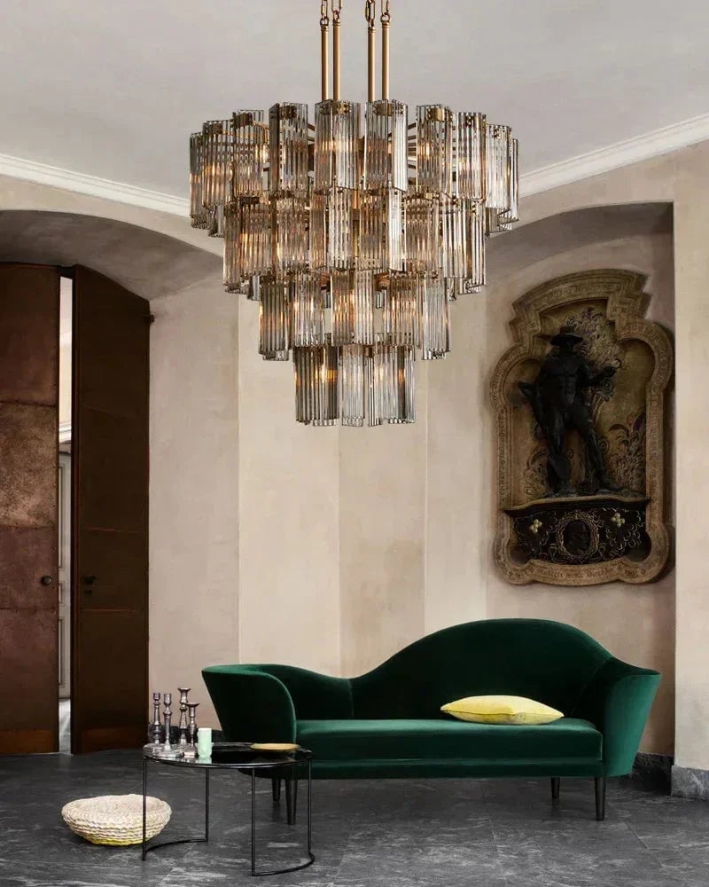 Saint-Cirq Series Geometric Chandelier | 5-Tier Round Hand-Arranged Reeded Smoky Glass and Steel, Premium Brass for Grand Entryways and Dining Rooms American chandelier