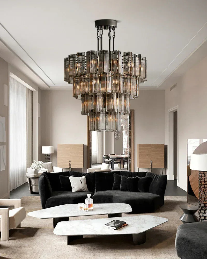 Saint-Cirq Series Geometric Chandelier | 5-Tier Round Hand-Arranged Reeded Smoky Glass and Steel, Premium Brass for Grand Entryways and Dining Rooms American chandelier