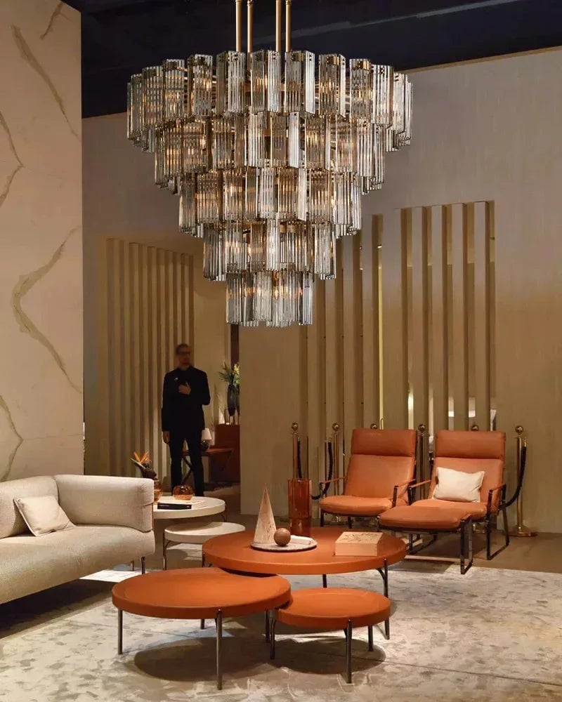 Saint-Cirq Series Geometric Chandelier | Large Round Geometric Hand-Arranged Reeded Glass and Steel, Brass and Black for Grand Entryways and Dining Rooms American chandelier