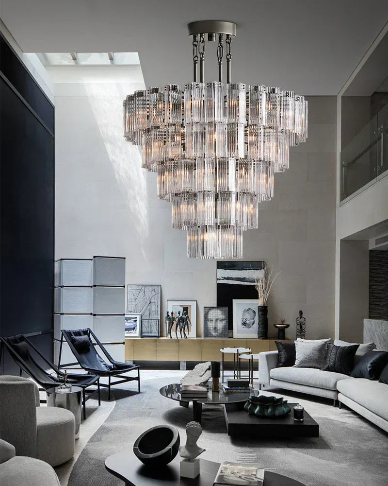 Saint-Cirq Series Geometric Chandelier | Large Round Geometric Hand-Arranged Reeded Glass and Steel, Brass and Black for Grand Entryways and Dining Rooms American chandelier
