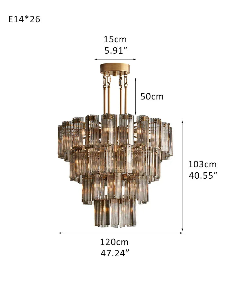 Saint-Cirq Series Geometric Chandelier | Large Round Geometric Hand-Arranged Reeded Glass and Steel, Brass and Black for Grand Entryways and Dining Rooms 4-Tier-L120CM L47.24" Gold Frame + Smoke Glass American chandelier