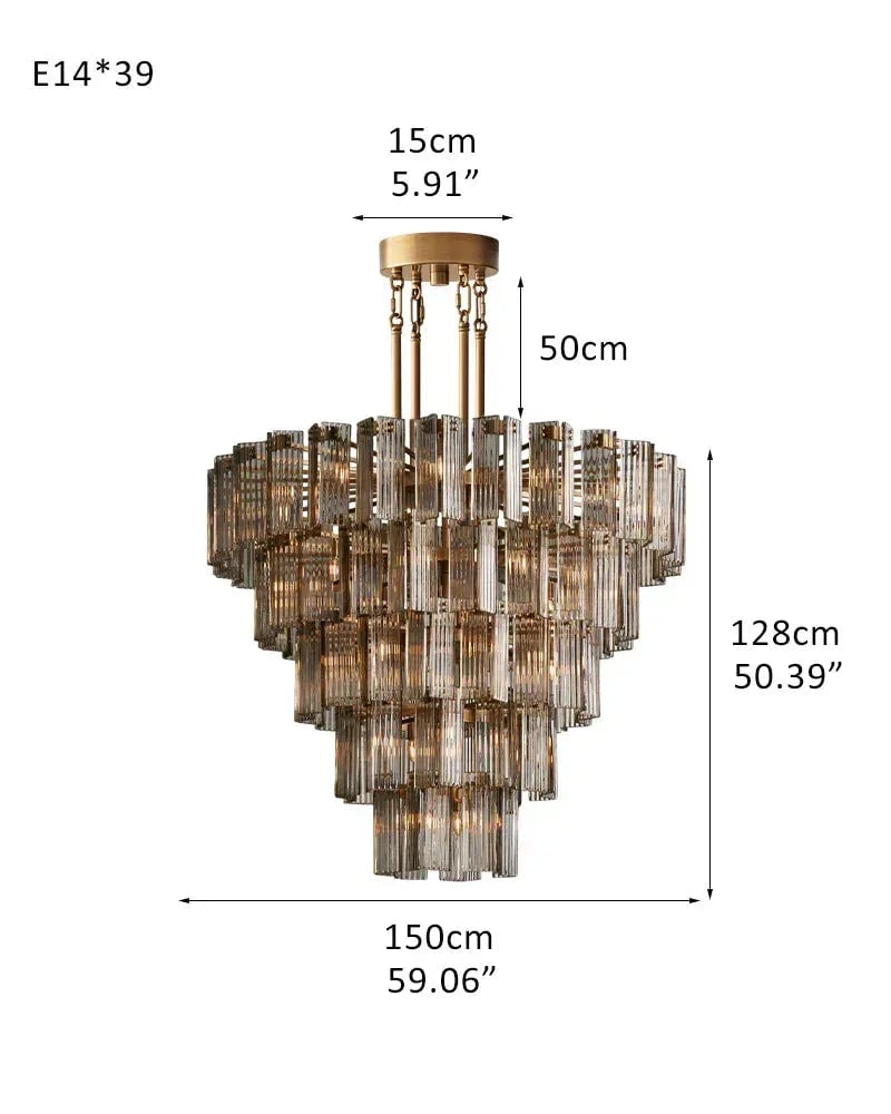Saint-Cirq Series Geometric Chandelier | Large Round Geometric Hand-Arranged Reeded Glass and Steel, Brass and Black for Grand Entryways and Dining Rooms 5-Tier-L150CM L59.06" Gold Frame + Smoke Glass American chandelier