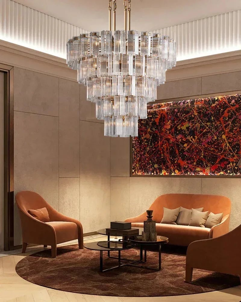 Saint-Cirq Series Geometric Chandelier | Tiered Round Hand-Arranged Reeded Glass and Sturdy Steel, Black Steel for Grand Entryways and Dining Rooms American chandelier