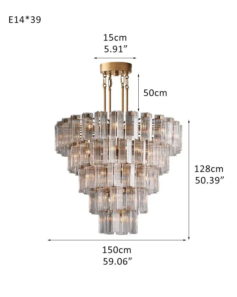Saint-Cirq Series Geometric Chandelier | Tiered Round Hand-Arranged Reeded Glass and Sturdy Steel, Black Steel for Grand Entryways and Dining Rooms 5-Tier-L150CM L59.06" Gold Frame + Clear Glass American chandelier