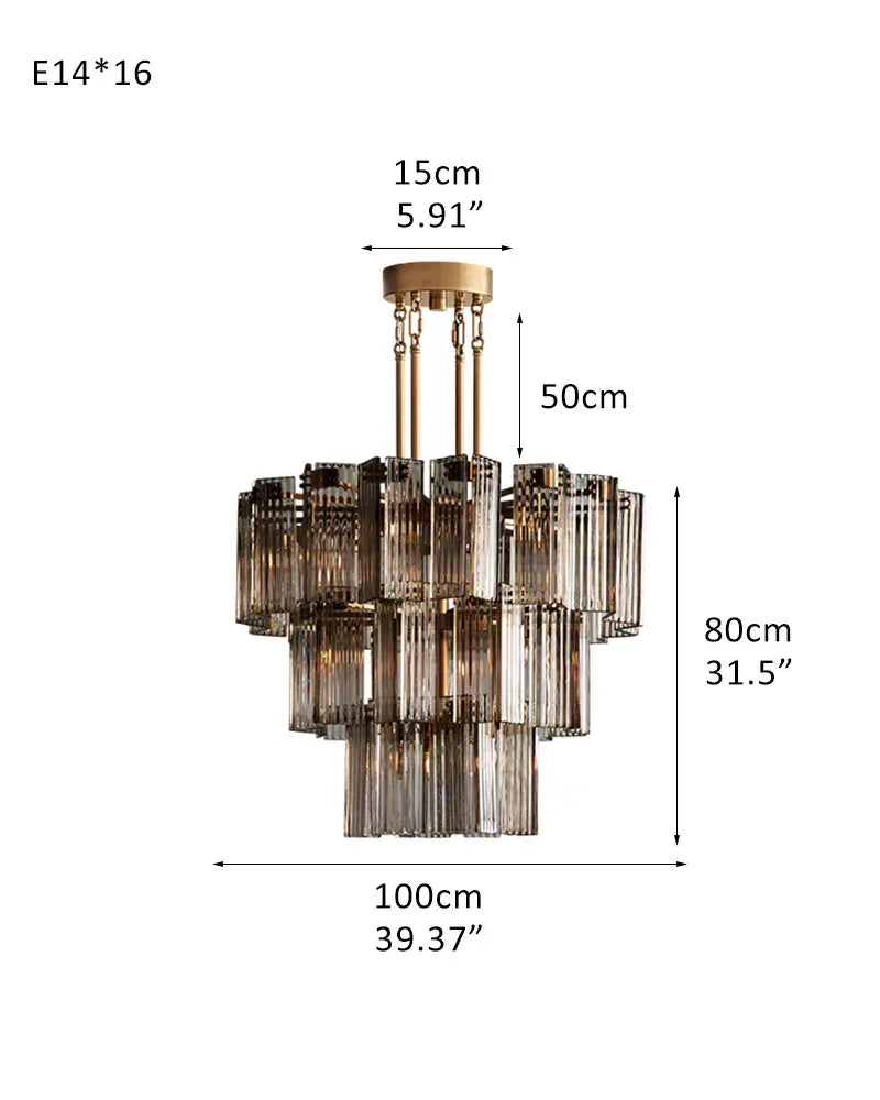 Saint-Cirq Series Geometric Chandelier | Tiered Round Hand-Arranged Reeded Glass and Sturdy Steel, Black Steel for Grand Entryways and Dining Rooms 3-Tier-L100CM L39.37" Gold Frame + Smoke Glass American chandelier