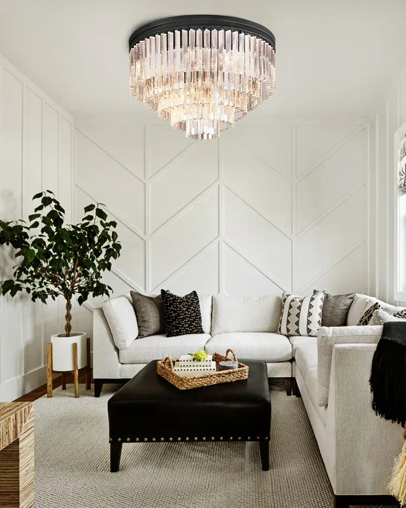 LightsStory Series Prismatic Pendant Light | Multi-Tier K9 Crystal Pure K9 crystal strips, Gold and Black finishes for Modern living rooms and dining areas Flush Mounted Ceiling Lamp