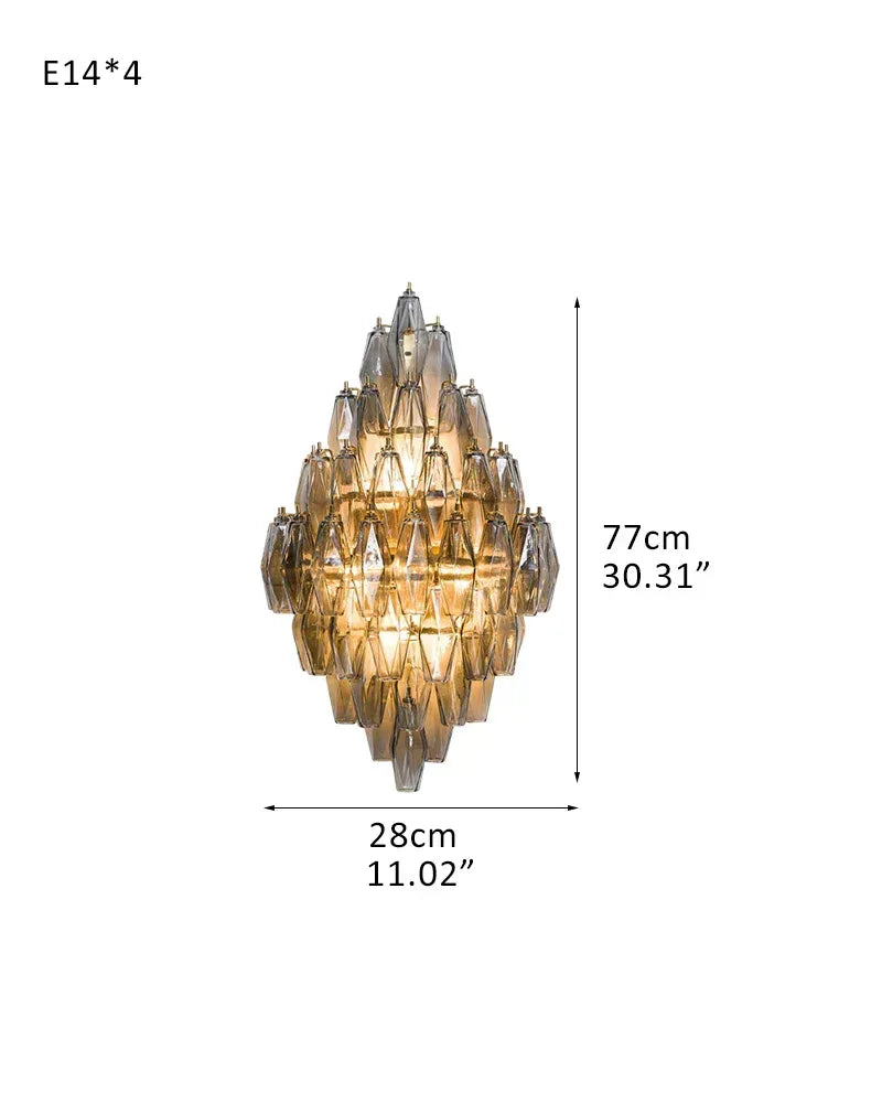 LightsStory Series Cascading Wall Sconce | Tiered Handblown Glass Handblown glass polyhedrons on a tiered steel frame, Multicolor Blown Glass Options for Eclectic living spaces and modern entryways D28*W46*H77CM D11"*W18"*H30" Smoky American Vintage chandelier lamp
