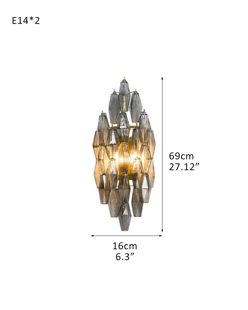 LightsStory Series Refractive Wall Sconce | Tiered Handblown Glass Handblown glass polyhedrons on a durable steel frame, Smoked finish for Modern living spaces and hallways D16*W29*H69CM D6"*W11"*H27" Smoky American Vintage chandelier lamp