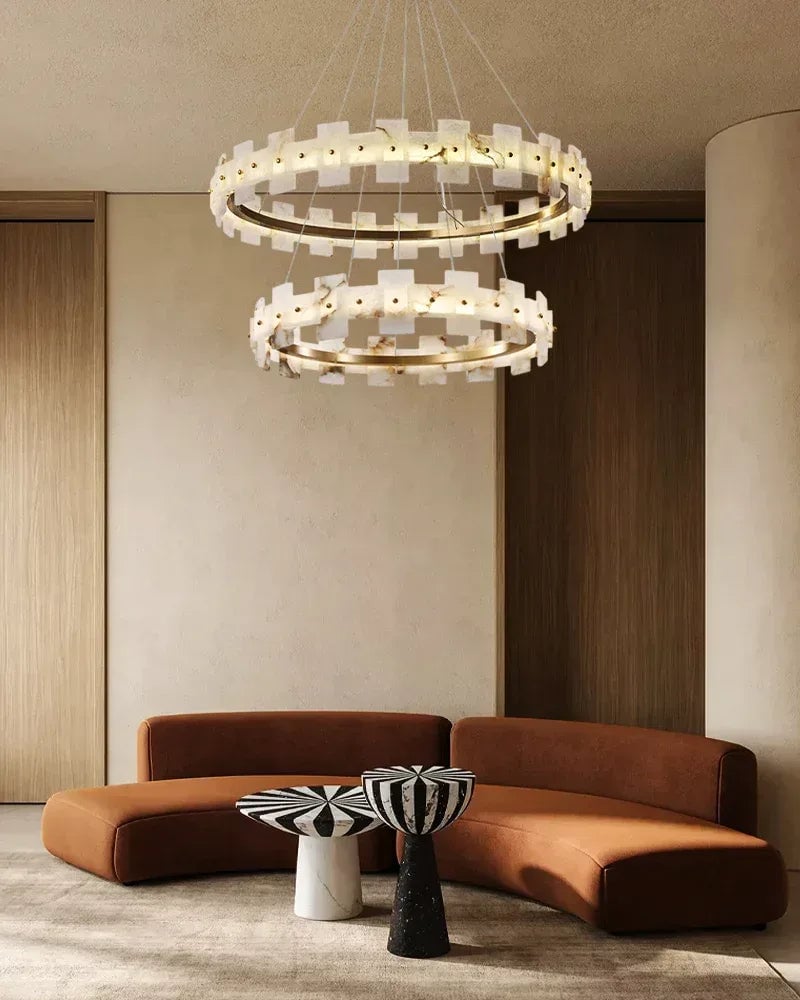 Snow Flake Series Geometric Chandelier | Rectangular Halo Natural Alabaster panels with brass frame, Antique Brass finish for Foyers and Dining Rooms Luxury Modern Chandelier
