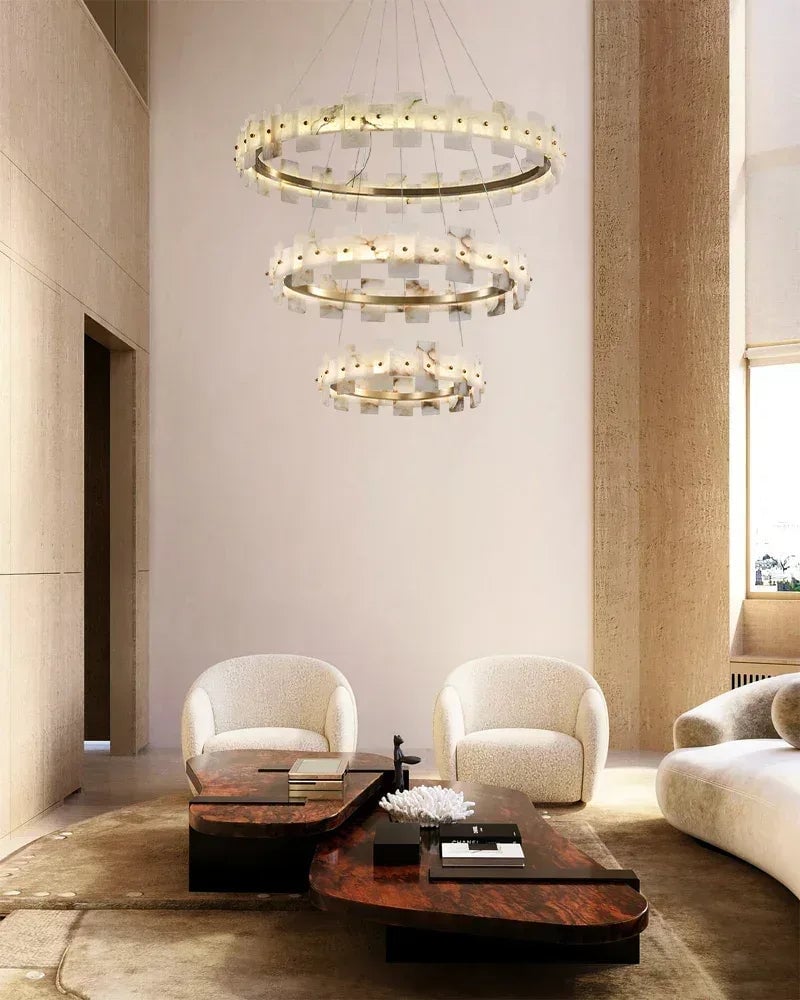 Snow Flake Series Geometric Chandelier | Rectangular Halo Natural Alabaster panels with brass frame, Antique Brass finish for Foyers and Dining Rooms Luxury Modern Chandelier