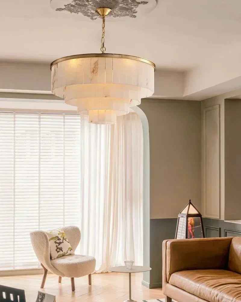 Stowe Series Geometric Chandelier | 2-Tier Round Solid copper frame with natural marble shade, Premium Brass Gold finish for Dining Rooms, Living Rooms, and Kitchens American Vintage chandelier lamp