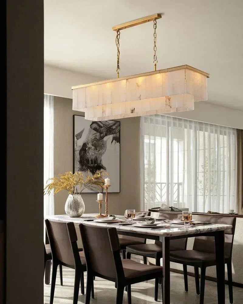 Stowe Series Geometric Chandelier | Double Tier Rectangular Solid copper frame with natural marble shade, Premium Brass Gold finish for Dining Rooms, Living Rooms, and Bedrooms American Vintage chandelier lamp