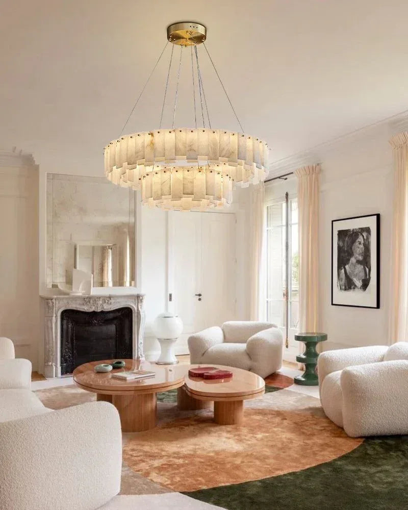 LightsStory Series Geometric Chandelier | Circle Polished White Marble Alabaster, Premium Brass finish for Spacious Living Rooms and Grand Villas American chandelier