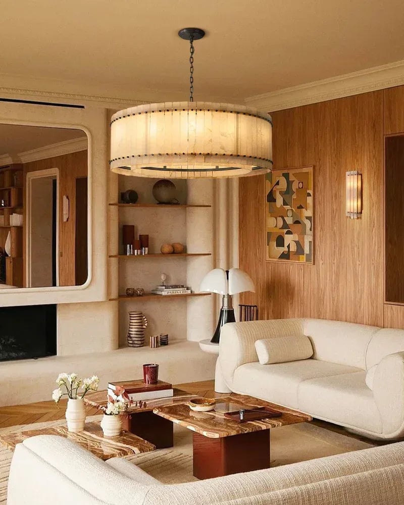 Val d’Isère Series Architectural Chandelier | Double Tier Drum Hand-carved alabaster panels with durable steel frame, Mid-century steel finish for Dining rooms, foyers, or offices American Vintage chandelier lamp