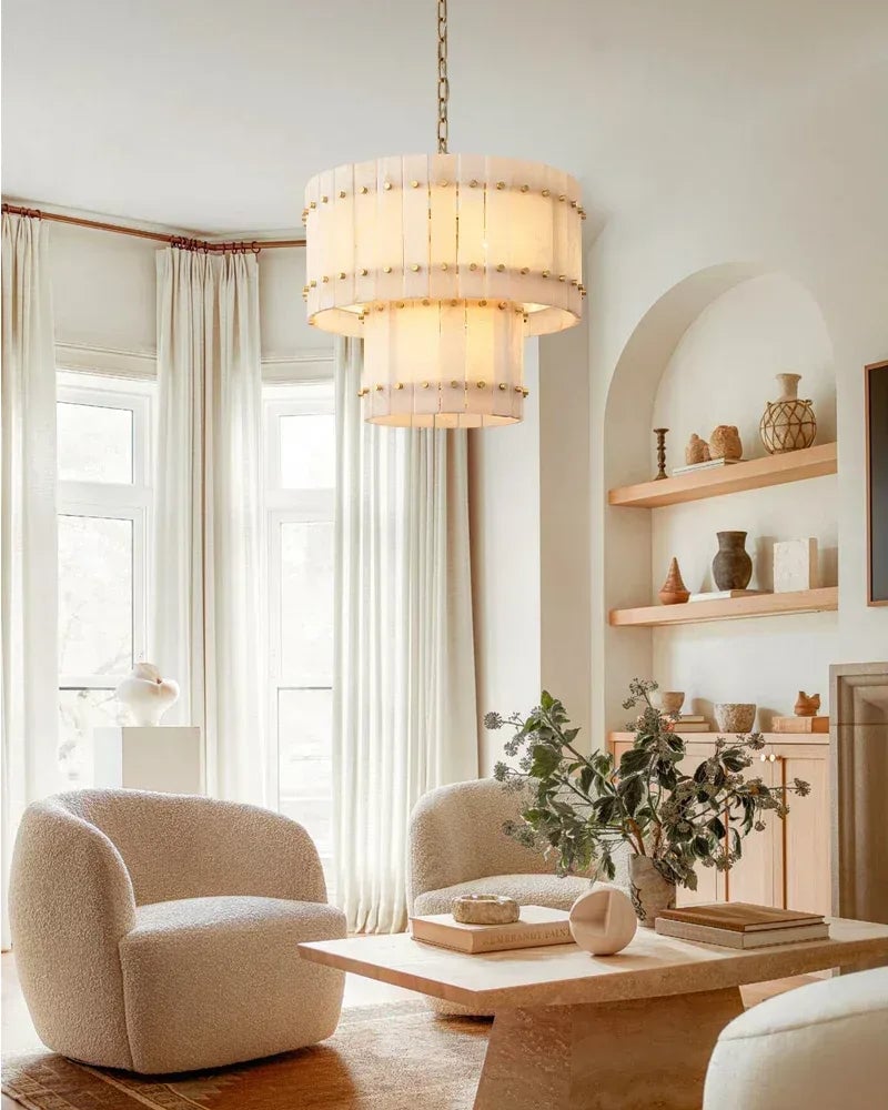 Val d’Isère Series Architectural Chandelier | Double Tier Drum Hand-carved alabaster panels with durable steel frame, Mid-century steel finish for Dining rooms, foyers, or offices American Vintage chandelier lamp