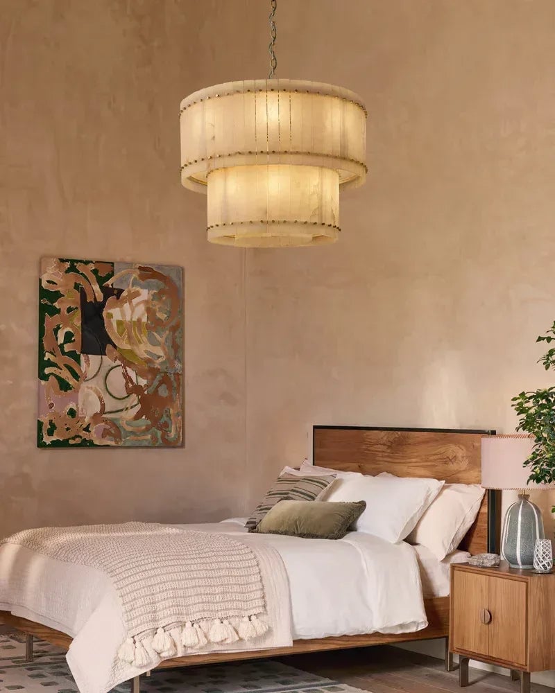 Val d’Isère Series Architectural Chandelier | Linear Tiered Hand-carved alabaster panels and mid-century steel, Mid-century steel finish for Dining rooms, foyers, and offices American Vintage chandelier lamp