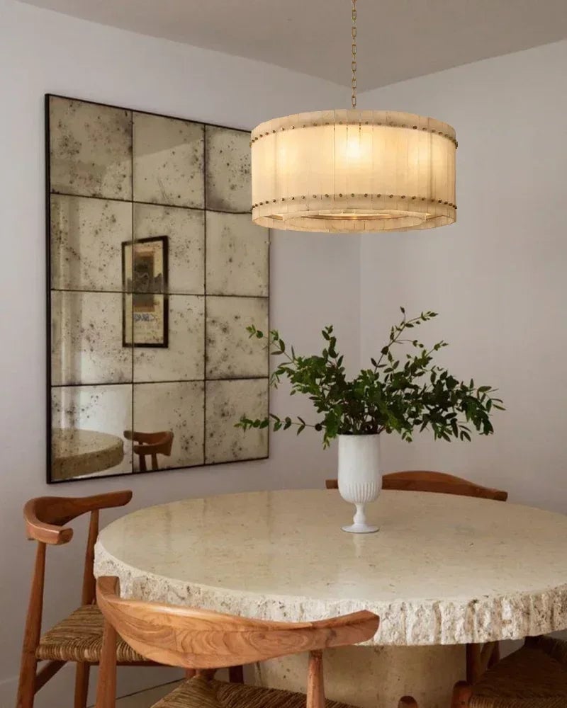 Val d’Isère Series Architectural Chandelier | Linear Tiered Hand-carved alabaster panels and mid-century steel, Mid-century steel finish for Dining rooms, foyers, and offices American Vintage chandelier lamp