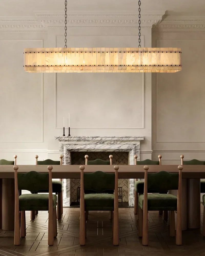 Val d’Isère Series Architectural Chandelier | Linear Tiered Hand-carved alabaster panels and mid-century steel, Mid-century steel finish for Dining rooms, foyers, and offices American Vintage chandelier lamp