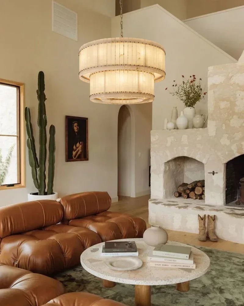 Val d’Isère Series Architectural Chandelier | Triple Tier Drum Hand-carved alabaster panels and durable steel, Lacquered brass and black steel finish for Dining rooms, foyers, or offices American Vintage chandelier lamp