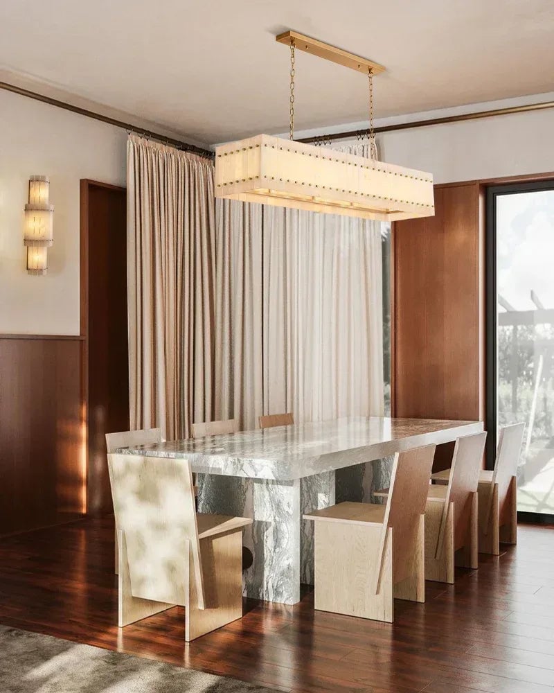 Val d’Isère Series Architectural Chandelier | Triple Tier Drum Hand-carved alabaster panels and durable steel, Lacquered brass and black steel finish for Dining rooms, foyers, or offices American Vintage chandelier lamp
