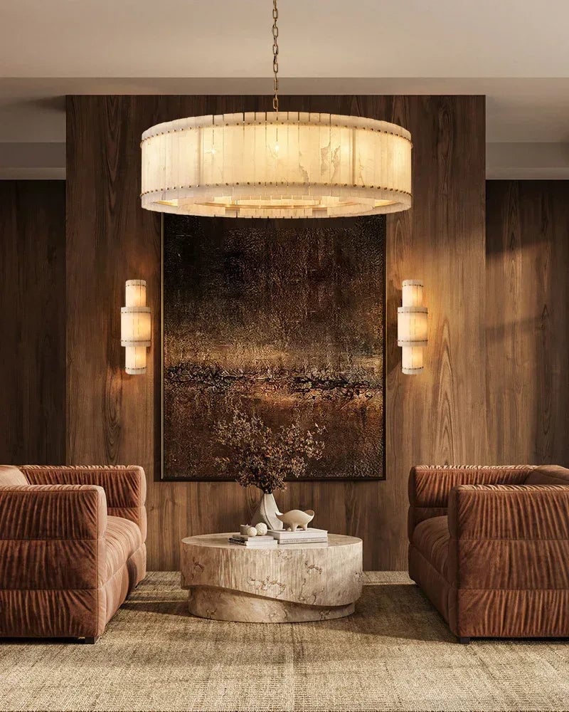 Val d’Isère Series Architectural Chandelier | Triple Tier Drum Hand-carved alabaster panels and durable steel, Lacquered brass and black steel finish for Dining rooms, foyers, or offices American Vintage chandelier lamp