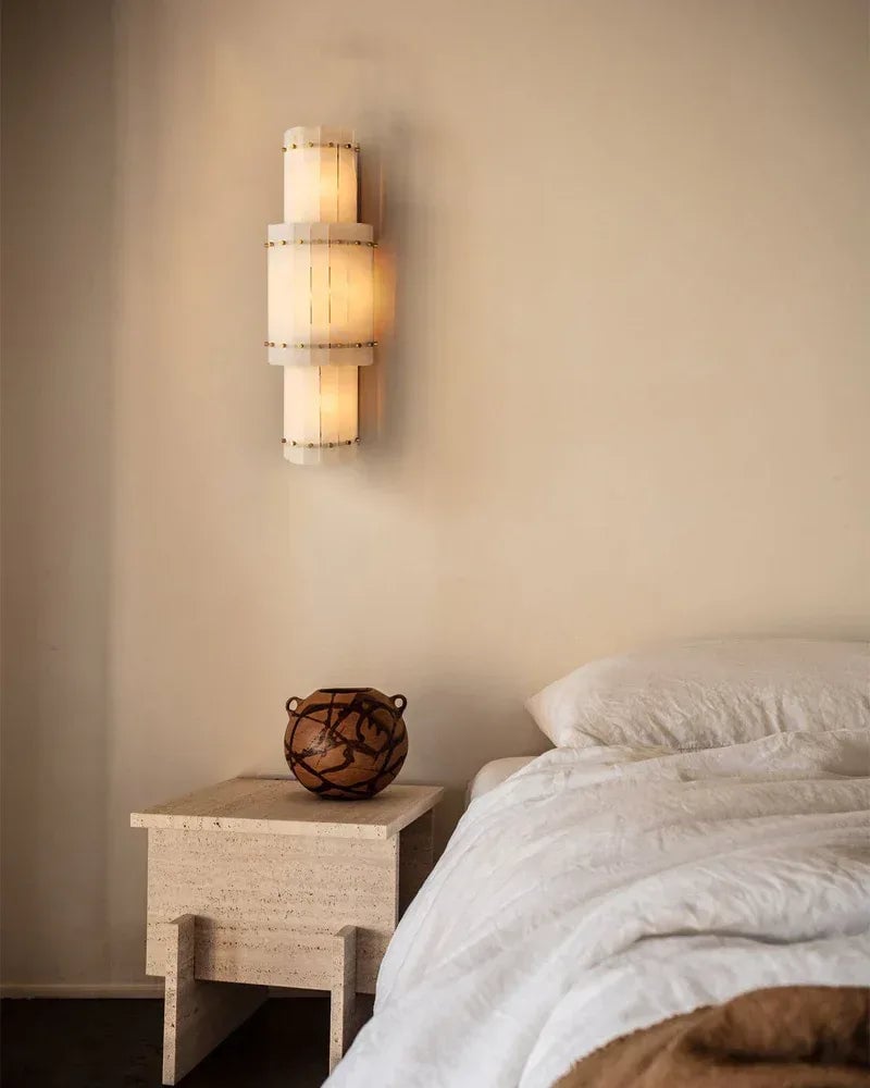 Val d’Isère Series Architectural Wall Sconce | Tiered Alabaster Handcrafted Tiered Alabaster Panels and Steel, Lacquered Brass and Black finish for Grand Foyers and Living Rooms Flush Mounted Wall Sconce Lamp