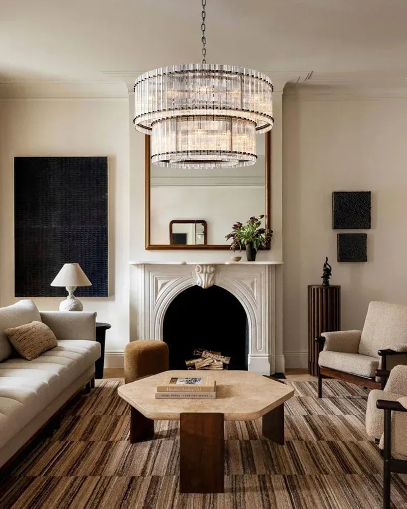 Val d’Isère Series Prismatic Chandelier | Double Tier Electroplated metal structure with unique refractive crystal panels, Antiqued Brass and Black Steel finish for Dining rooms, foyers, and staircases American chandelier