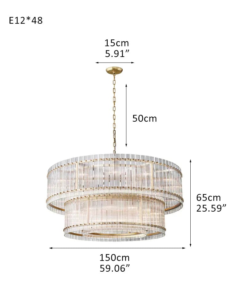 Val d’Isère Series Prismatic Chandelier | Double Tier Electroplated metal structure with unique refractive crystal panels, Antiqued Brass and Black Steel finish for Dining rooms, foyers, and staircases 3-Tier-D150*H45CM D59.1"*H17.7"(48 lights) Brass American chandelier