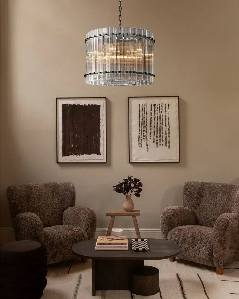 Val d’Isère Series Prismatic Chandelier | Double Tier Electroplated metal structure with unique refractive crystal panels, Antiqued Brass and Black Steel finish for Dining rooms, foyers, and staircases American chandelier