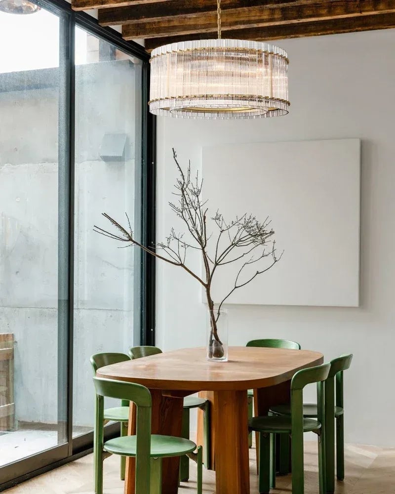 Val d’Isère Series Refractive Chandelier | Rectangular Ribbed Glass Hand-crafted ribbed glass panels with electroplated metal structure, Antiqued Brass and Black Steel for Dining rooms, foyers, and staircases American chandelier