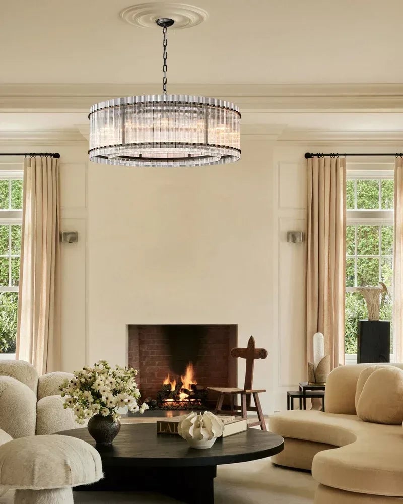 Val d’Isère Series Refractive Chandelier | Round Strip Glass Electroplated metal structure with unique glass panels, Antiqued Brass and Black Steel for Dining rooms, foyers, and staircases American chandelier