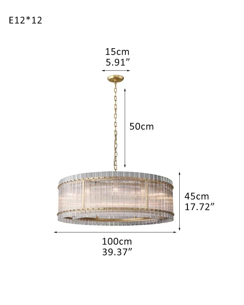 Val d’Isère Series Refractive Chandelier | Round Strip Glass Electroplated metal structure with unique glass panels, Antiqued Brass and Black Steel for Dining rooms, foyers, and staircases 12-light-D100*H45CM D39.4"*H17.7" Brass American chandelier