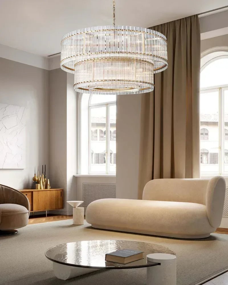 Val d’Isère Series Refractive Chandelier | Round Strip Glass Electroplated metal structure with unique glass panels, Antiqued Brass and Black Steel for Dining rooms, foyers, and staircases American chandelier