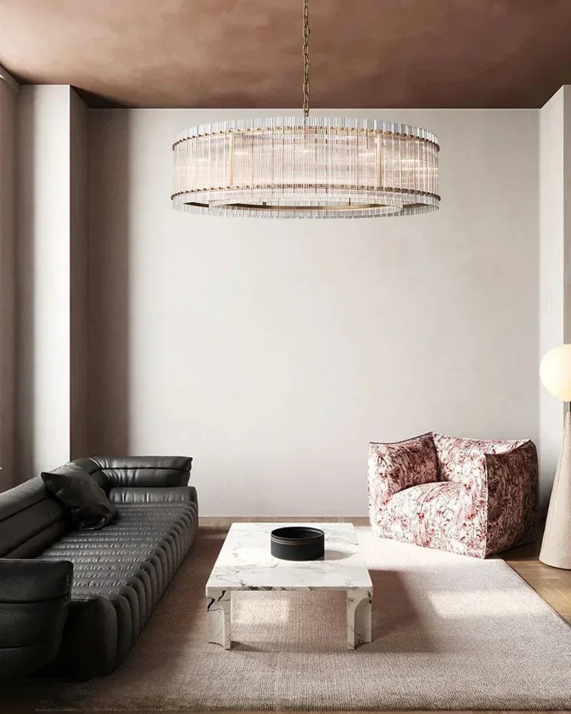 Val d’Isère Series Refractive Chandelier | Round Strip Glass Electroplated metal structure with unique glass panels, Antiqued Brass and Black Steel for Dining rooms, foyers, and staircases American chandelier