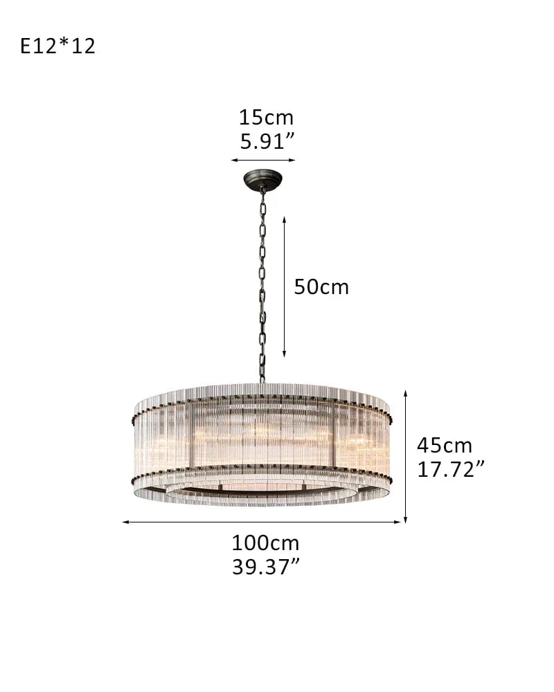 Val d’Isère Series Refractive Chandelier | Round Strip Glass Electroplated metal structure with unique glass panels, Antiqued Brass and Black Steel for Dining rooms, foyers, and staircases 12-light-D100*H45CM D39.4"*H17.7" Black American chandelier