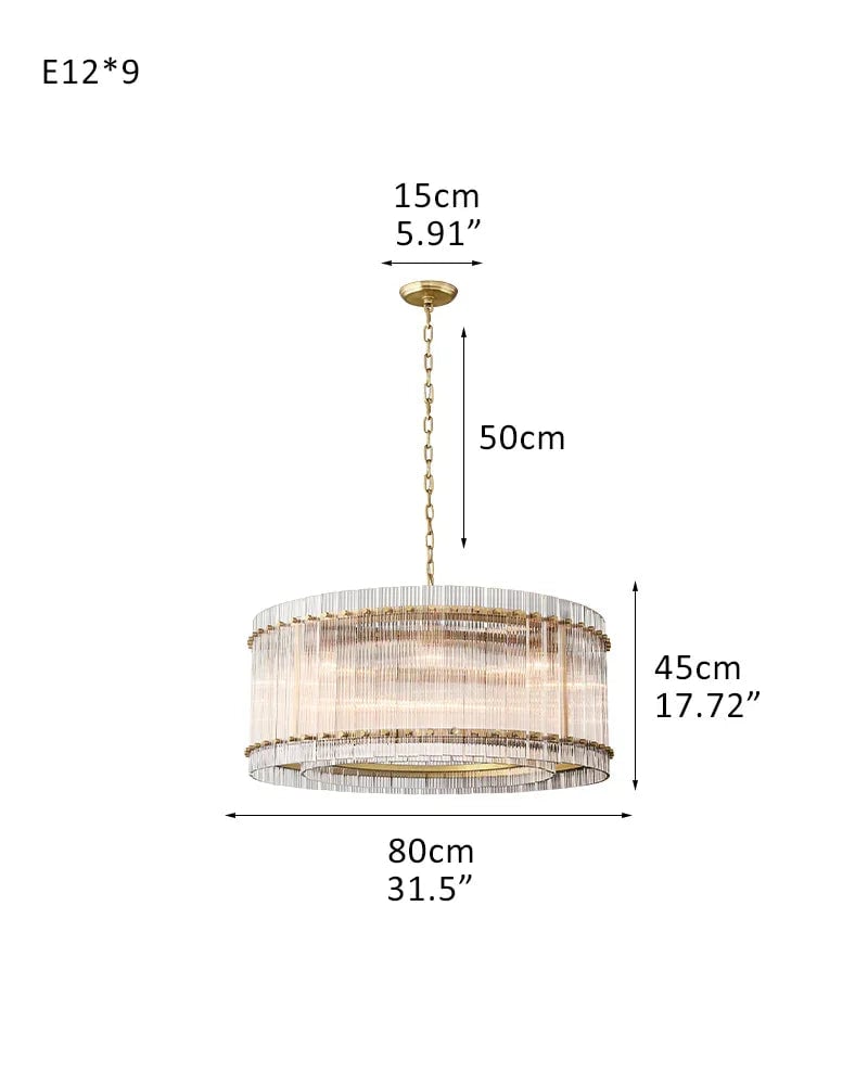 Val d’Isère Series Refractive Chandelier | Round Strip Glass Electroplated metal structure with unique glass panels, Antiqued Brass and Black Steel for Dining rooms, foyers, and staircases 9-light-D80*H45CM D31.5"*H17.7" Brass American chandelier