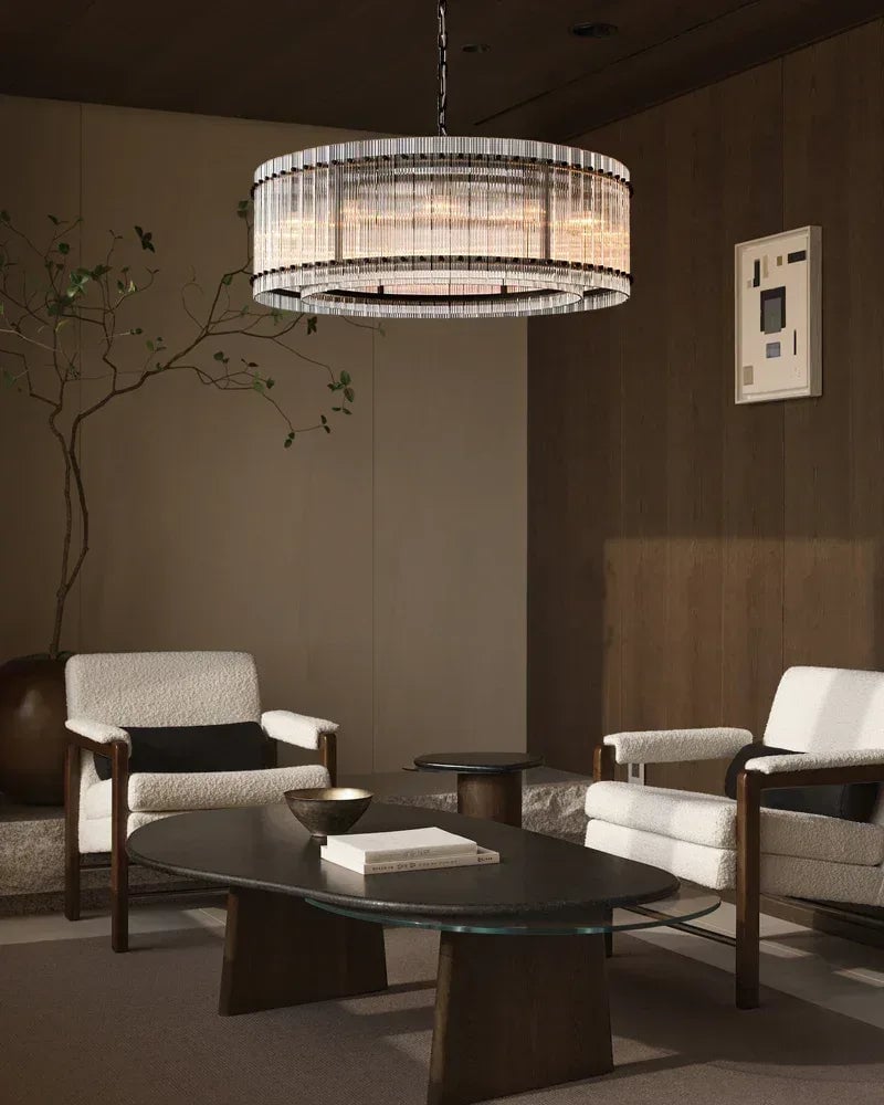 Val d’Isère Series Refractive Chandelier | Round Strip Glass Electroplated metal structure with unique glass panels, Antiqued Brass and Black Steel for Dining rooms, foyers, and staircases American chandelier