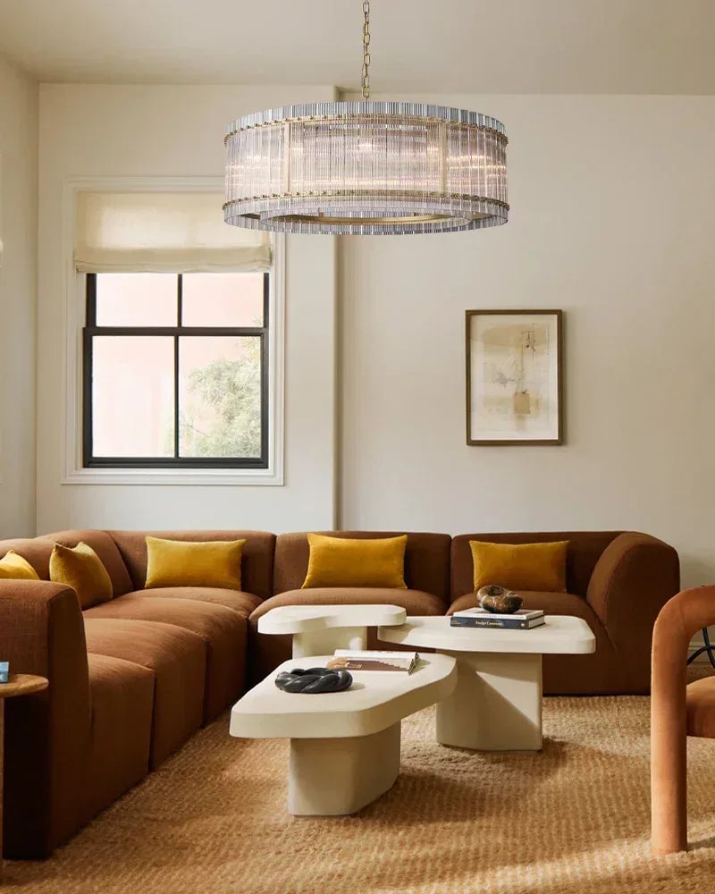 Val d’Isère Series Refractive Chandelier | Round Strip Glass Electroplated metal structure with unique glass panels, Antiqued Brass and Black Steel for Dining rooms, foyers, and staircases American chandelier