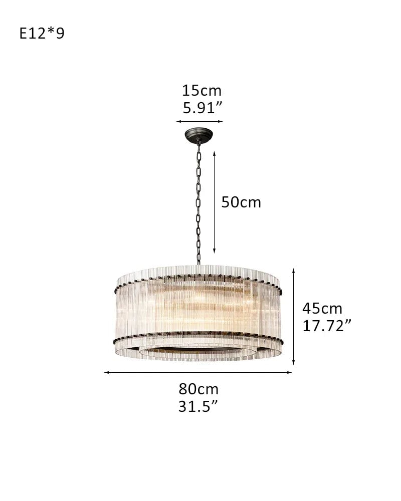 Val d’Isère Series Refractive Chandelier | Round Strip Glass Electroplated metal structure with unique glass panels, Antiqued Brass and Black Steel for Dining rooms, foyers, and staircases 9-light-D80*H45CM D31.5"*H17.7" Black American chandelier