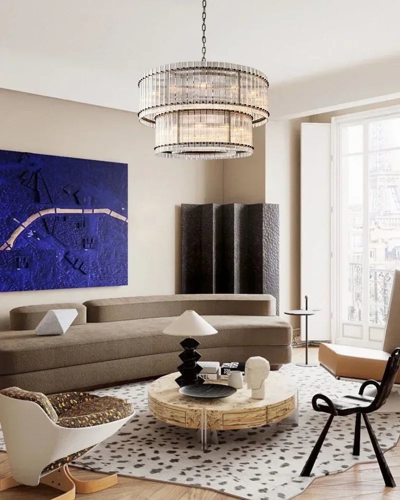 Val d’Isère Series Refractive Chandelier | Round Strip Glass Electroplated metal structure with unique glass panels, Antiqued Brass and Black Steel for Dining rooms, foyers, and staircases American chandelier
