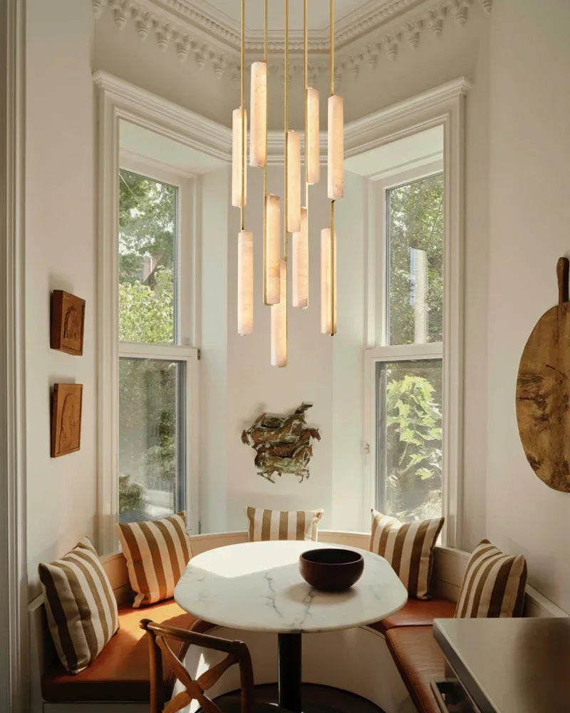 Valence Series Architectural Chandelier | Linear Long Plate Raw Veined Alabaster and Sleek Brass, Sleek Brass finish for Hallways and Dining Rooms American Vintage chandelier lamp