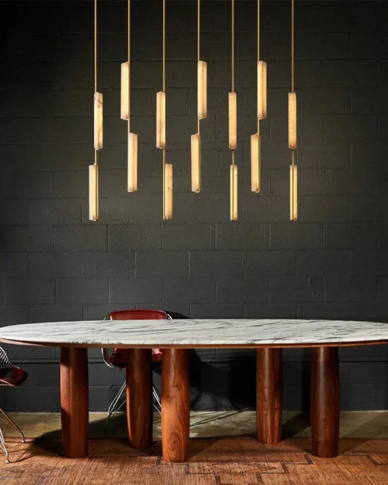 Valence Series Architectural Chandelier | Linear Long Plate Raw Veined Alabaster and Sleek Brass, Sleek Brass finish for Hallways and Dining Rooms American Vintage chandelier lamp