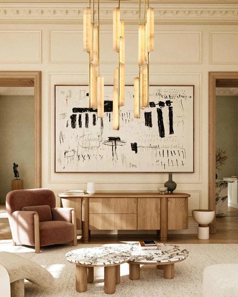Valence Series Architectural Chandelier | Linear Long Plate Raw Veined Alabaster and Sleek Brass, Sleek Brass finish for Hallways and Dining Rooms American Vintage chandelier lamp