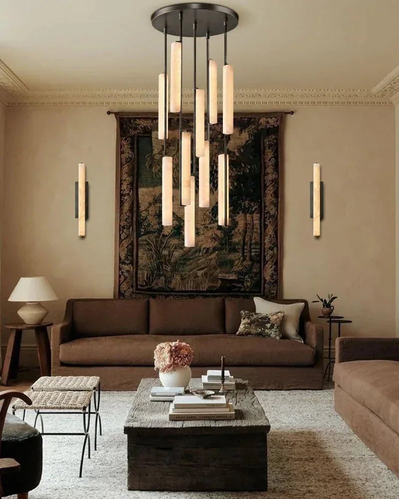 Valence Series Architectural Chandelier | Linear Long Plate Raw Veined Alabaster and Sleek Brass, Sleek Brass finish for Hallways and Dining Rooms American Vintage chandelier lamp