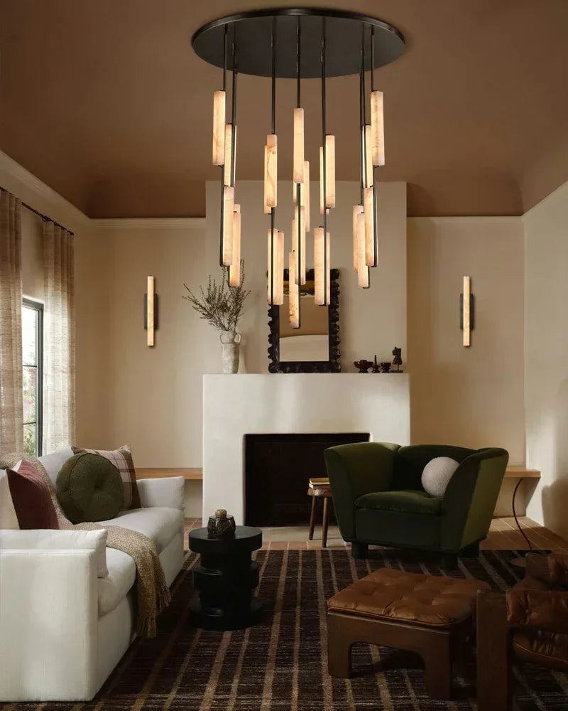 Valence Series Architectural Chandelier | Linear Long Plate Raw Veined Alabaster and Sleek Brass, Sleek Brass finish for Hallways and Dining Rooms American Vintage chandelier lamp