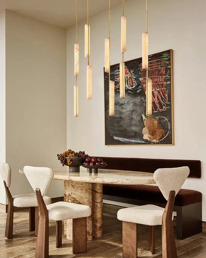 Valence Series Architectural Chandelier | Linear Long Plate Raw Veined Alabaster and Sleek Brass, Sleek Brass finish for Hallways and Dining Rooms American Vintage chandelier lamp