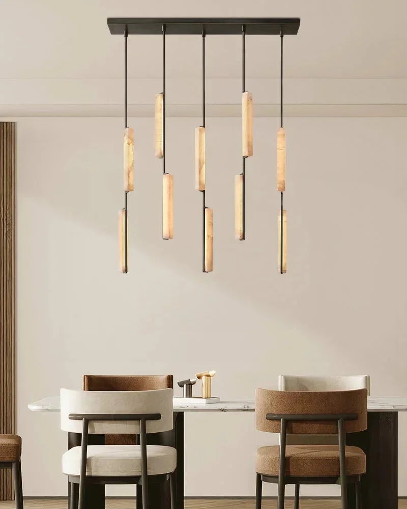 Valence Series Architectural Chandelier | Linear Long Plate Raw Veined Alabaster and Sleek Brass, Sleek Brass finish for Hallways and Dining Rooms American Vintage chandelier lamp