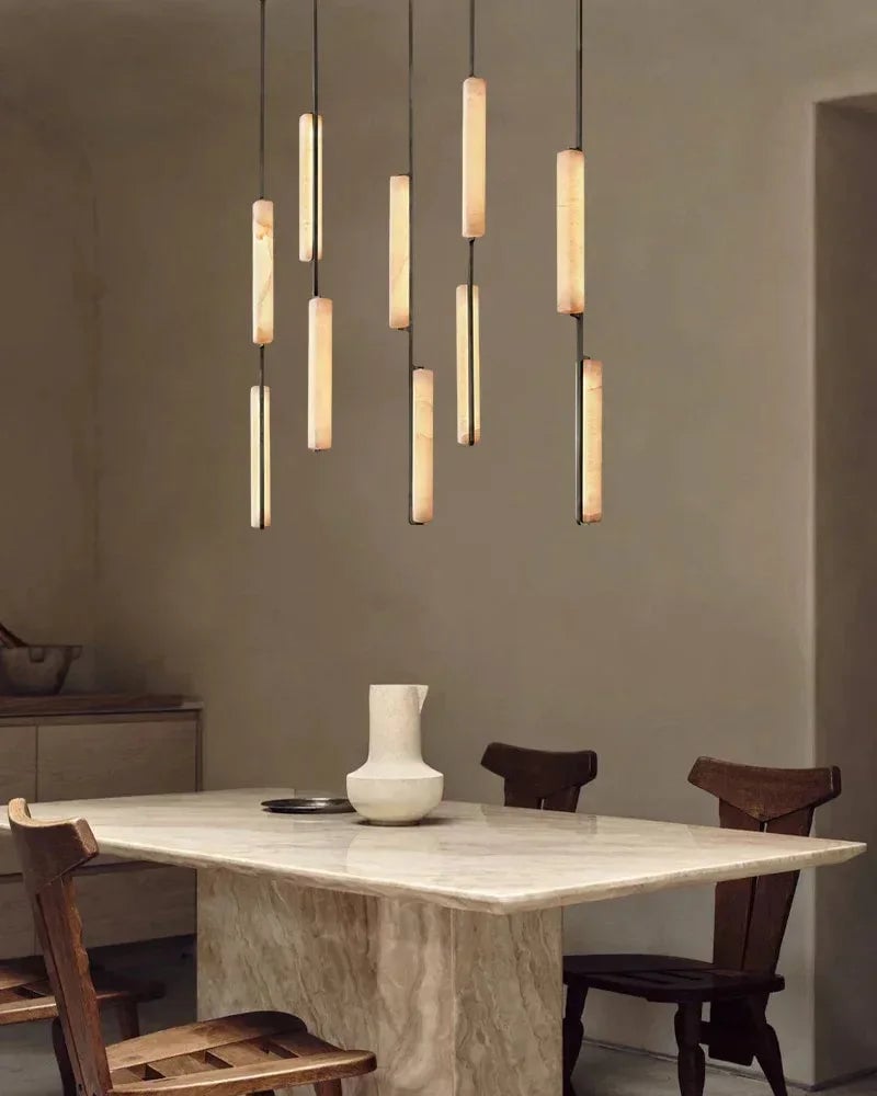 Valence Series Architectural Chandelier | Linear Long Plate Raw Veined Alabaster and Sleek Brass, Sleek Brass finish for Hallways and Dining Rooms American Vintage chandelier lamp