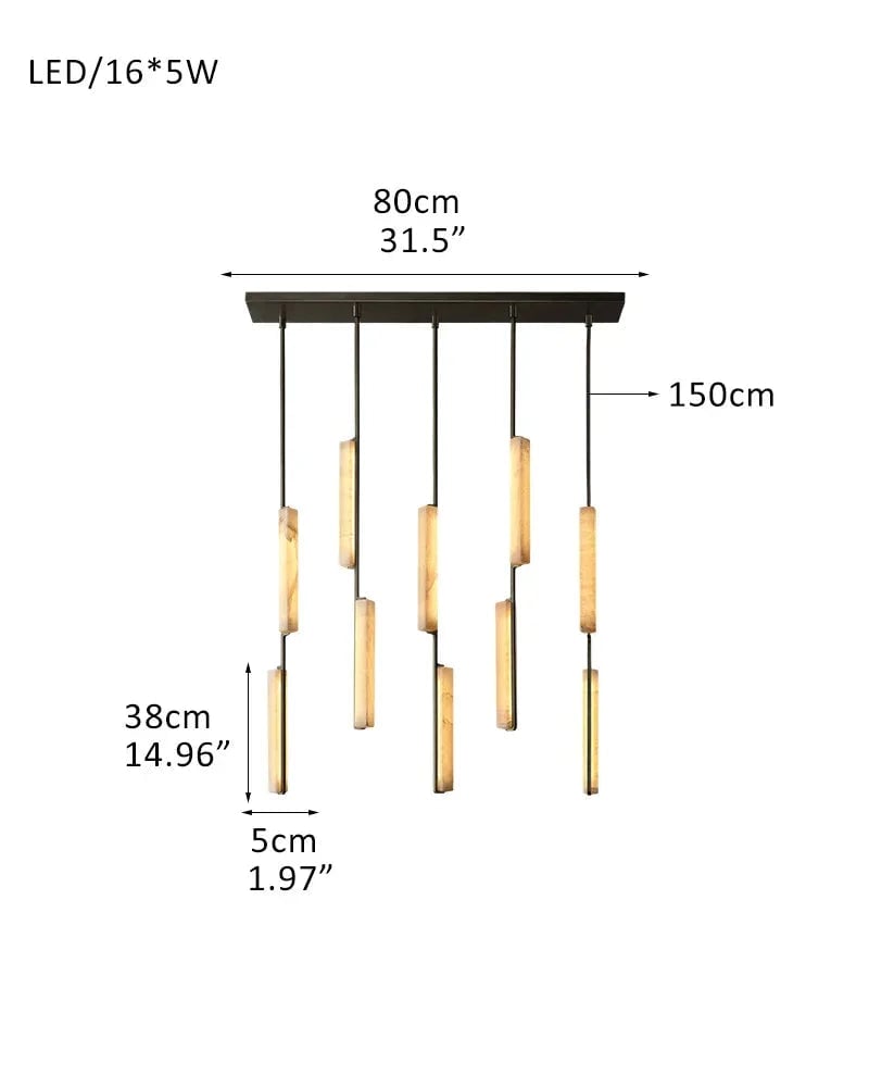 Valence Series Architectural Chandelier | Linear Long Plate Raw Veined Alabaster and Sleek Brass, Sleek Brass finish for Hallways and Dining Rooms 5P-D5*H38CM D2"*H15" Black + White American Vintage chandelier lamp